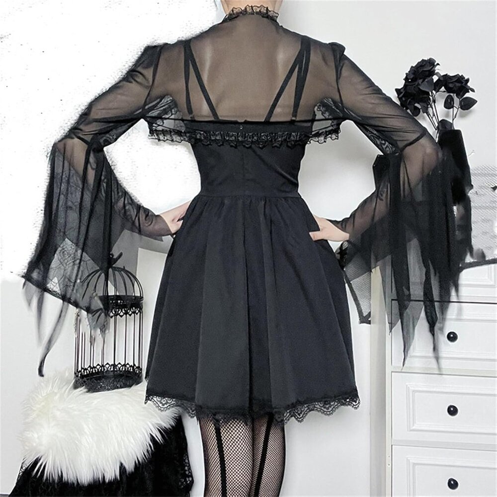 Women's Black 4 Goth Bell Long Sleeve Bolero Shrug Crop Top - Picture 3 of 6